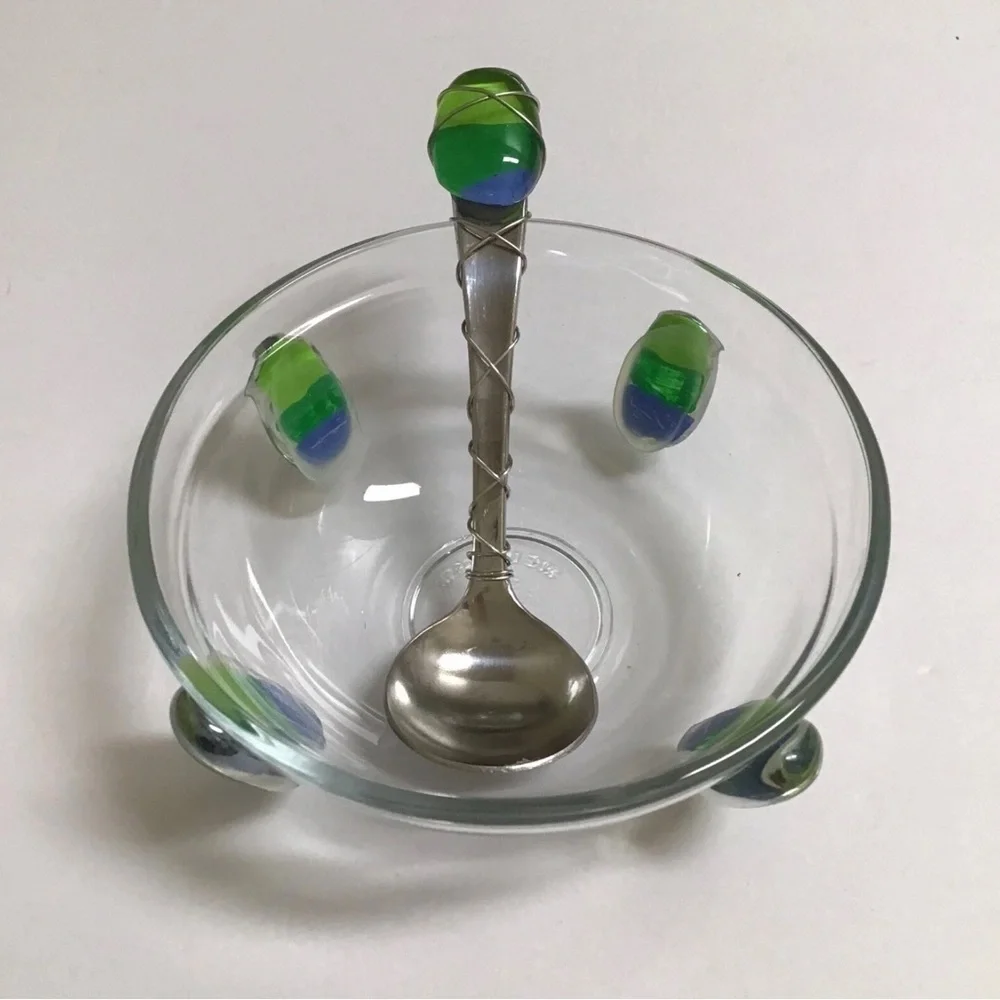 Art Glass Condiment Dish Blue Green Pebble Wire Wrapped Spoon Sea KIG Indonesia